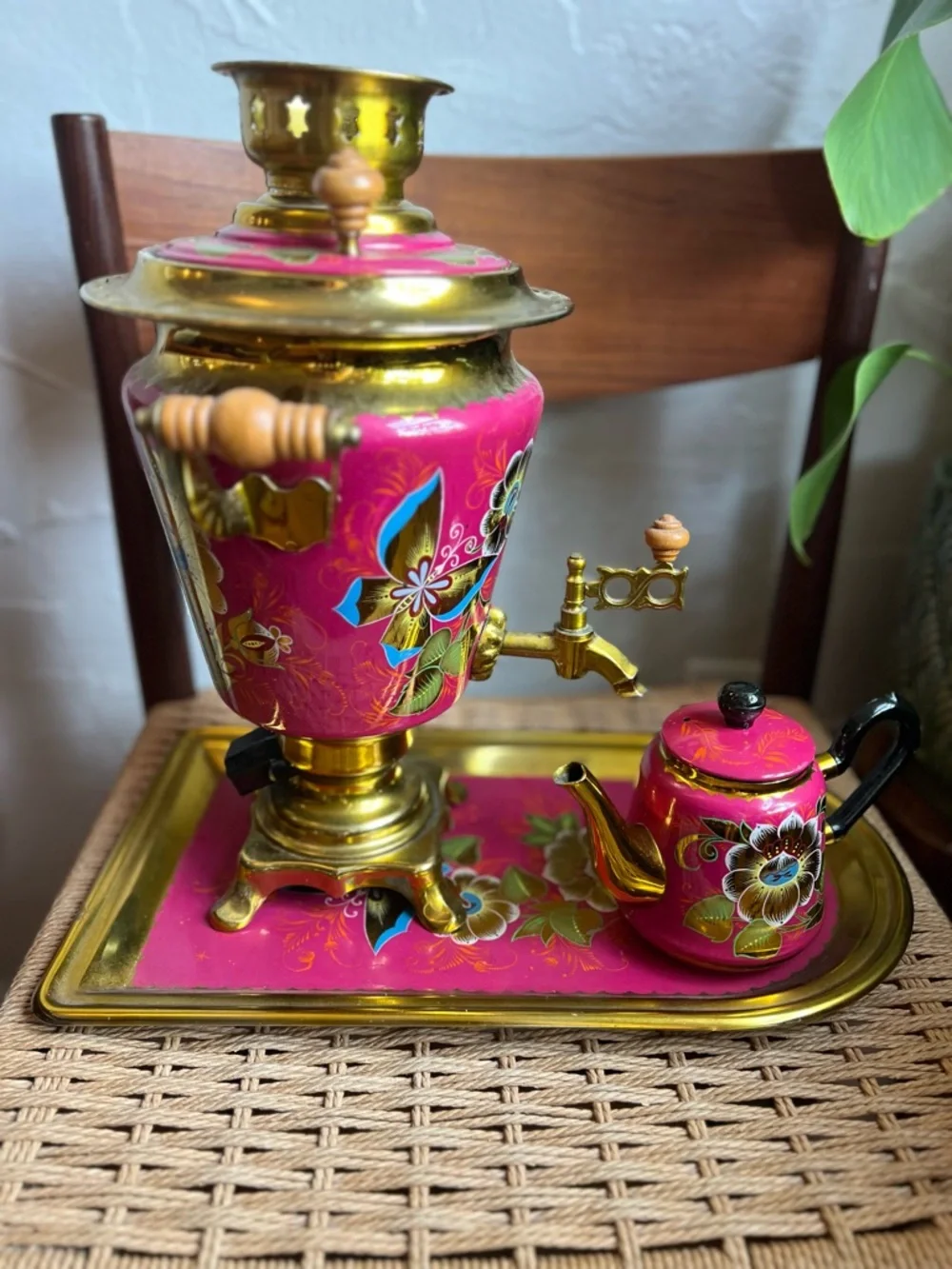 Vintage Soviet Samovar Tea Set 1991 Pink Floral Enamel Brass USSR Kitsch Decor